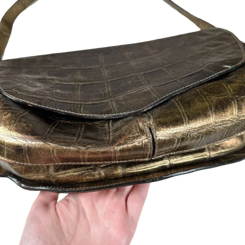 Carlos Falchi Exotic Genuine Alligator Crocodile Handmade Shoulder /‎ Saddle Bag